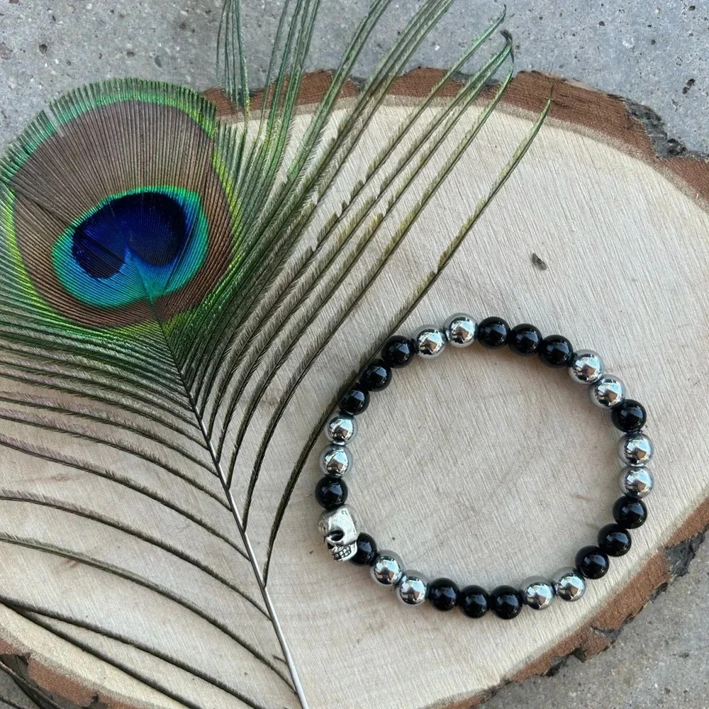 Handmade Hematite + Black Obsidian Skull Bracelet 💀🖤